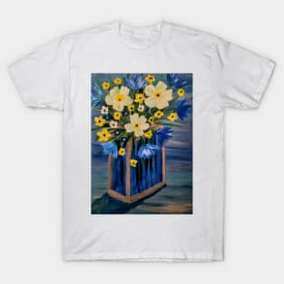 A beautiful bouquet flowers in a glass and gold vase . Using my favorite colors as vibrant background Using Acrylic and metallic paints. T-Shirt